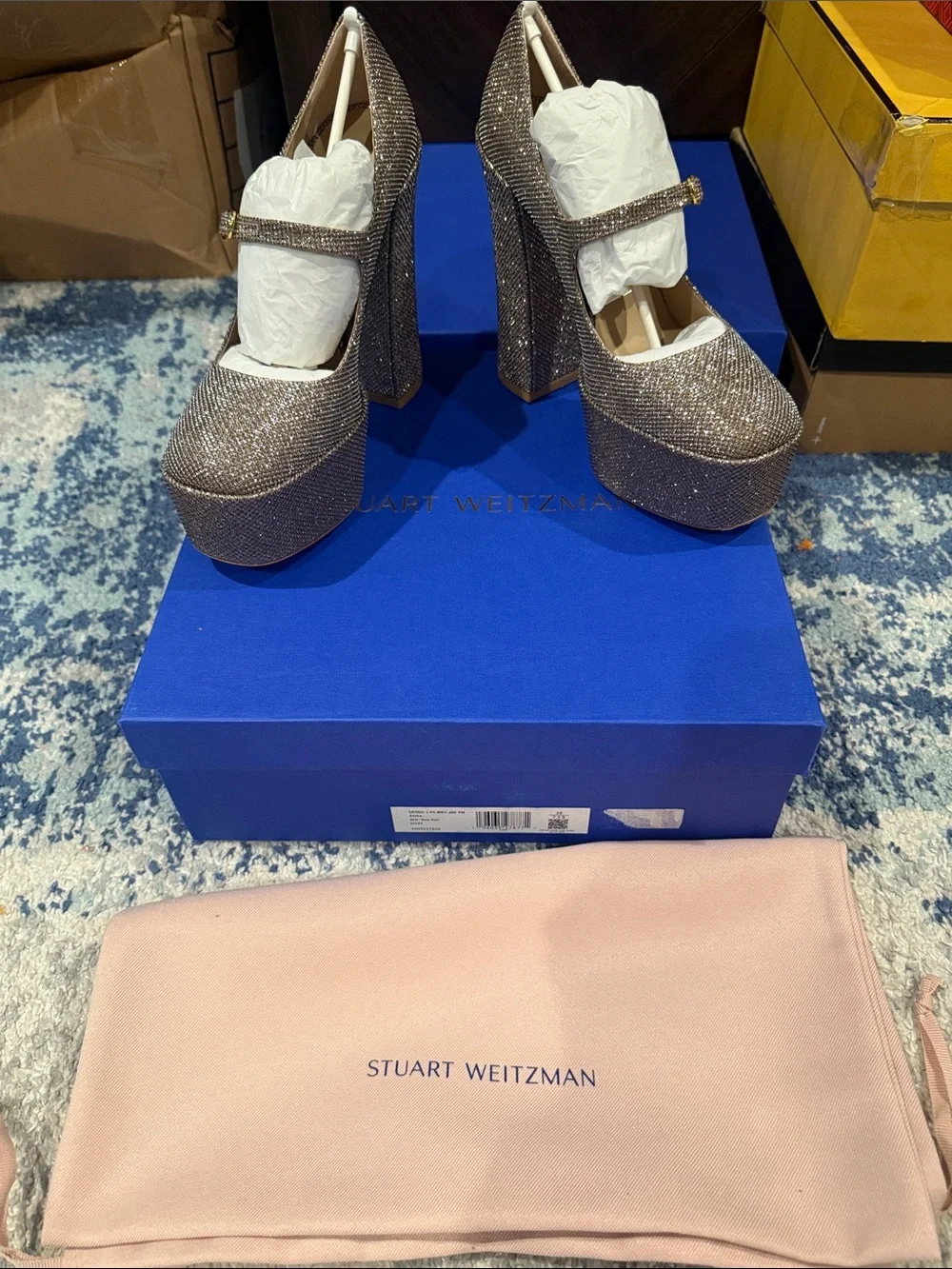 Stuart Weitzman Sparkling Taupe Platform Mary Jane Pumps brand new size 7.5